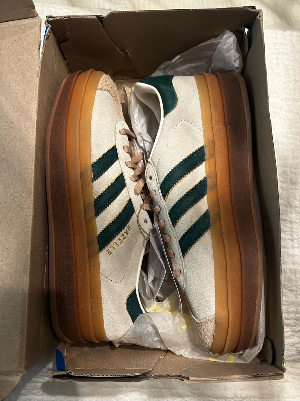 adidas women’s 8.5 Platform Sneakers in Cream and Dark Green with Gum Sole